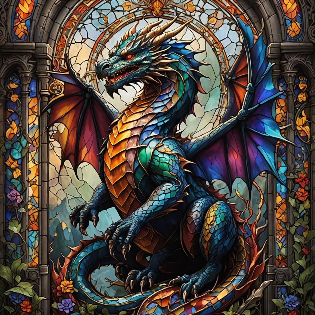 Stained Glass Dragon in Medieval Fantasy Style