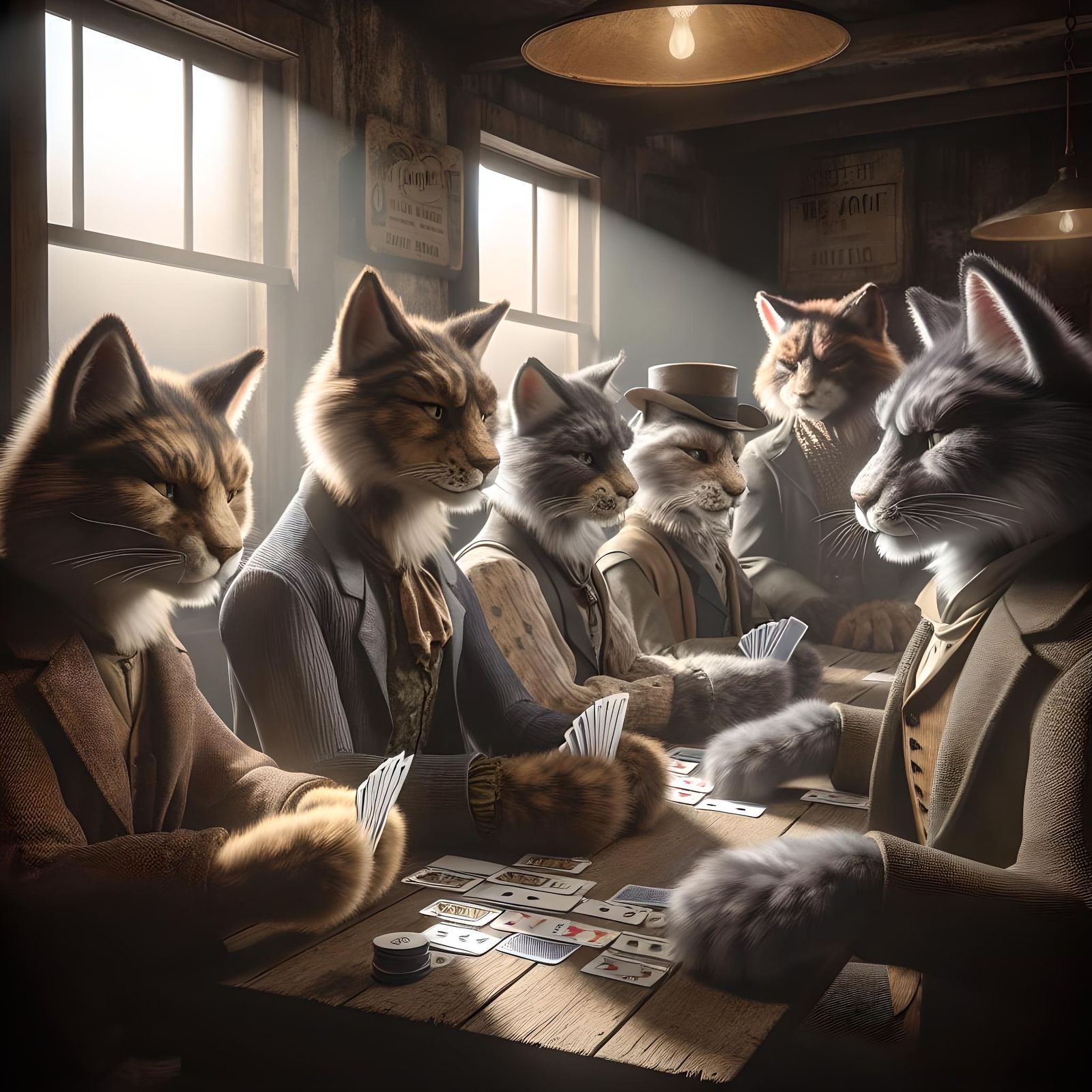 Cats Playing Cards in Dimly Lit Room