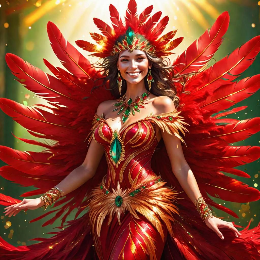 Feather Goddess in Red Gown with Gemstones