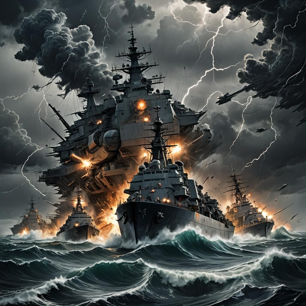 Warships Clash in Stormy Pacific: Dystopian Sci-Fi Art