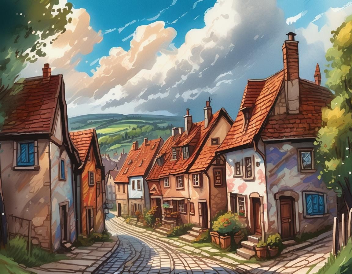 Pop-Up Book Village: Comic Art Impressionist Gouache