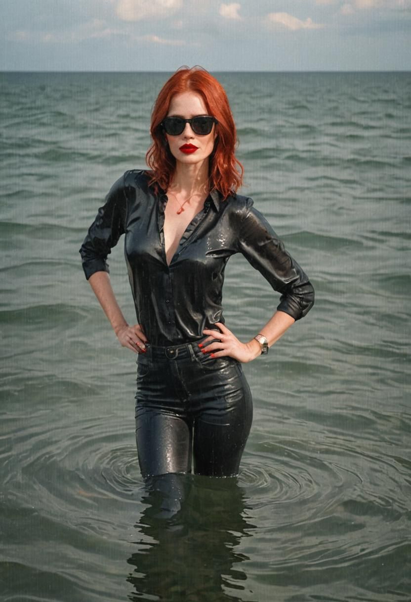 Glamorous Woman in Wet Clothes Standing in the Sea