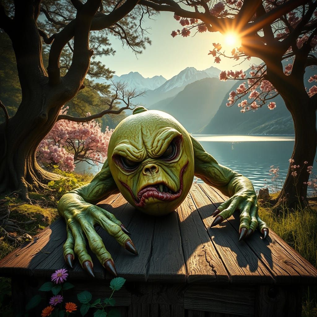 Hyper-Realistic Rotting Lemon Fruit Tree Monster in a Haunti...