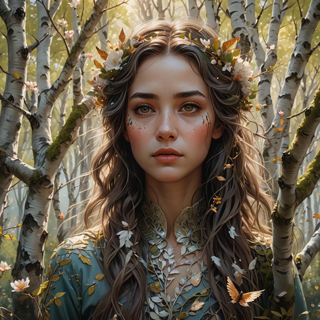 Ethereal Girl Portrait in Birch Forest, Fantasy Concept