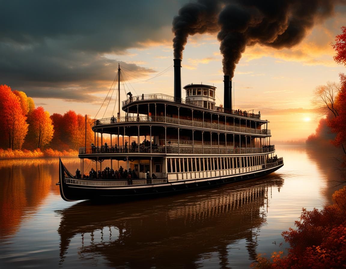 an old steamboat travels down the Mississippi on a fall evening
