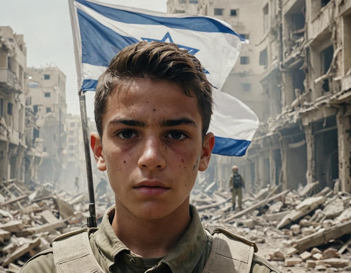 Boy Soldier in War-Torn City: Cinematic Still