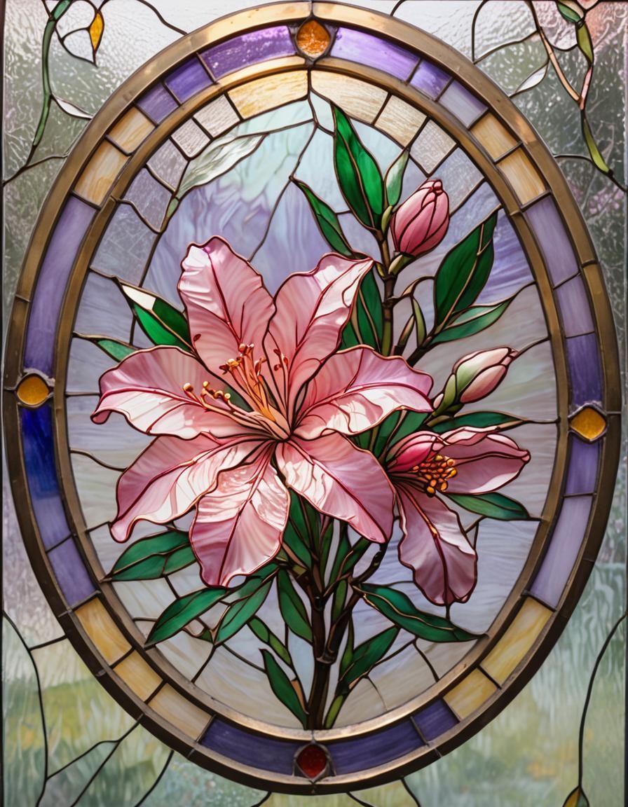 Oleander in Stained Glass Oval Frame