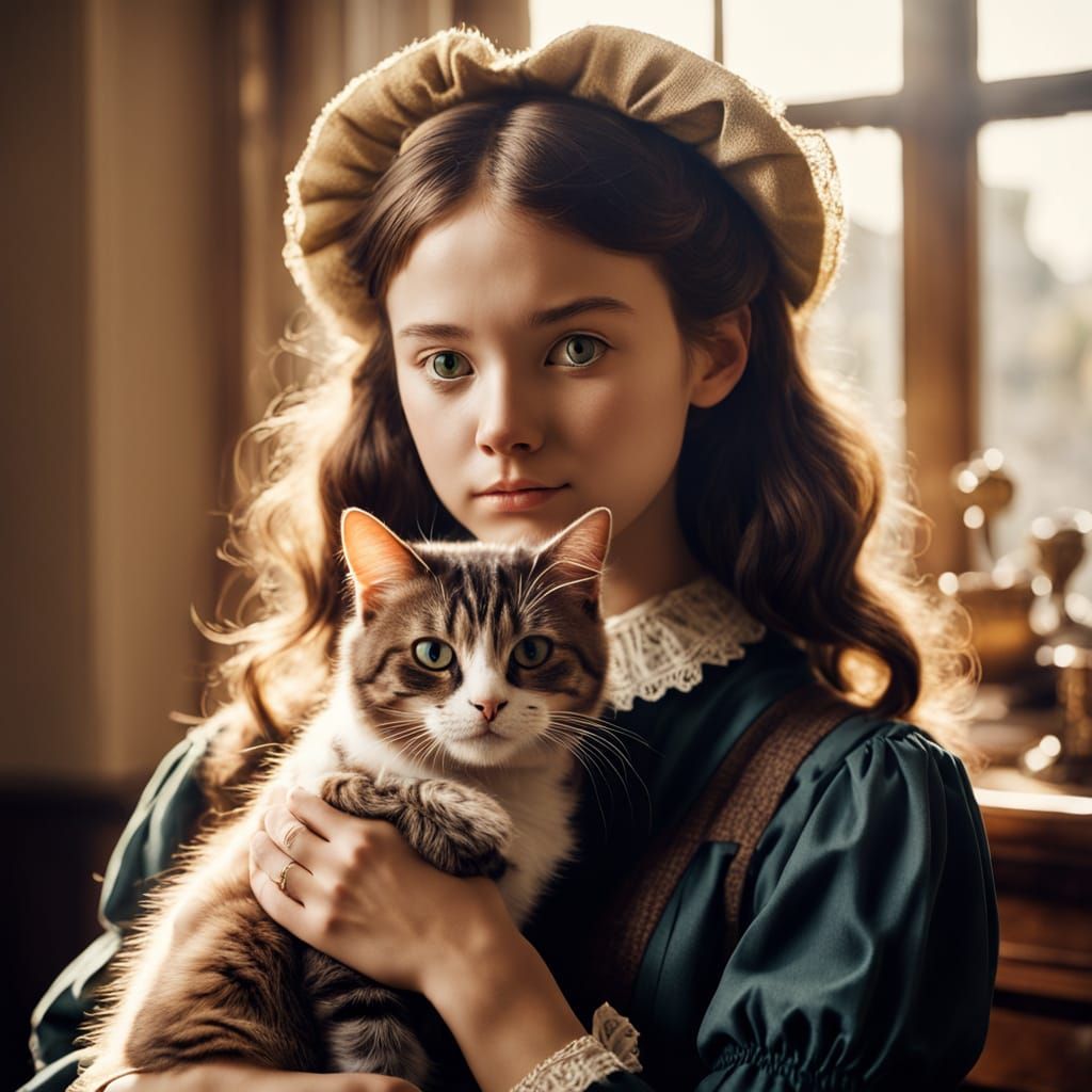 Victorian Girl and Cat in Golden Hour