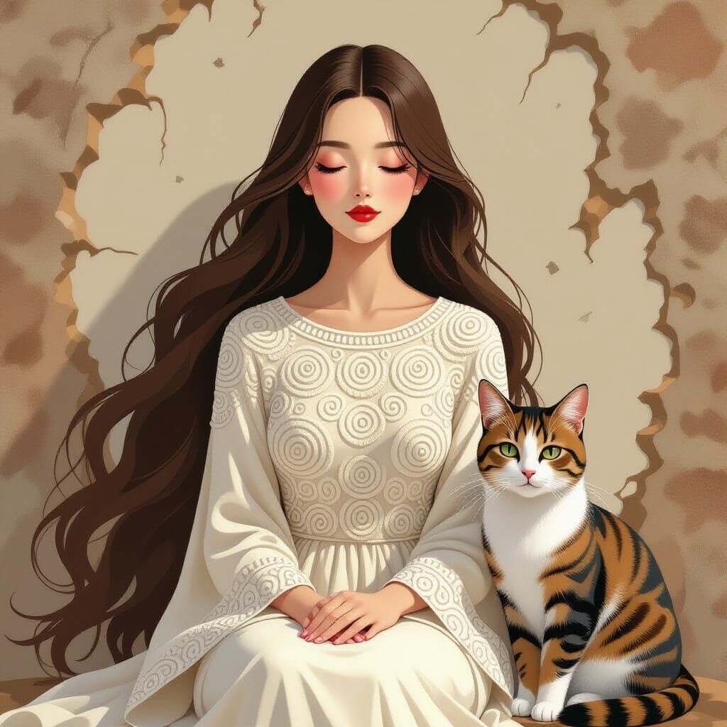 Ethereal Figure and Tabby Cat in Textured Art Style