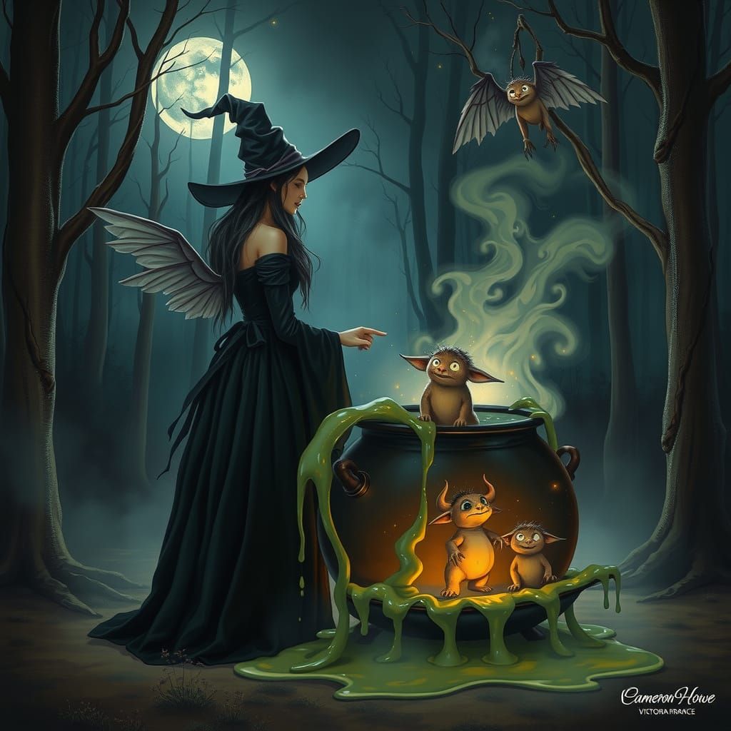 Witch Summoning Spirits in Moonlit Forest, Mystical Realism