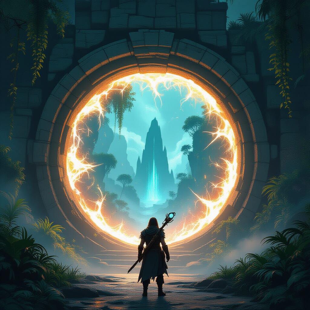 Adventurer Gazing into Alien Jungle Portal