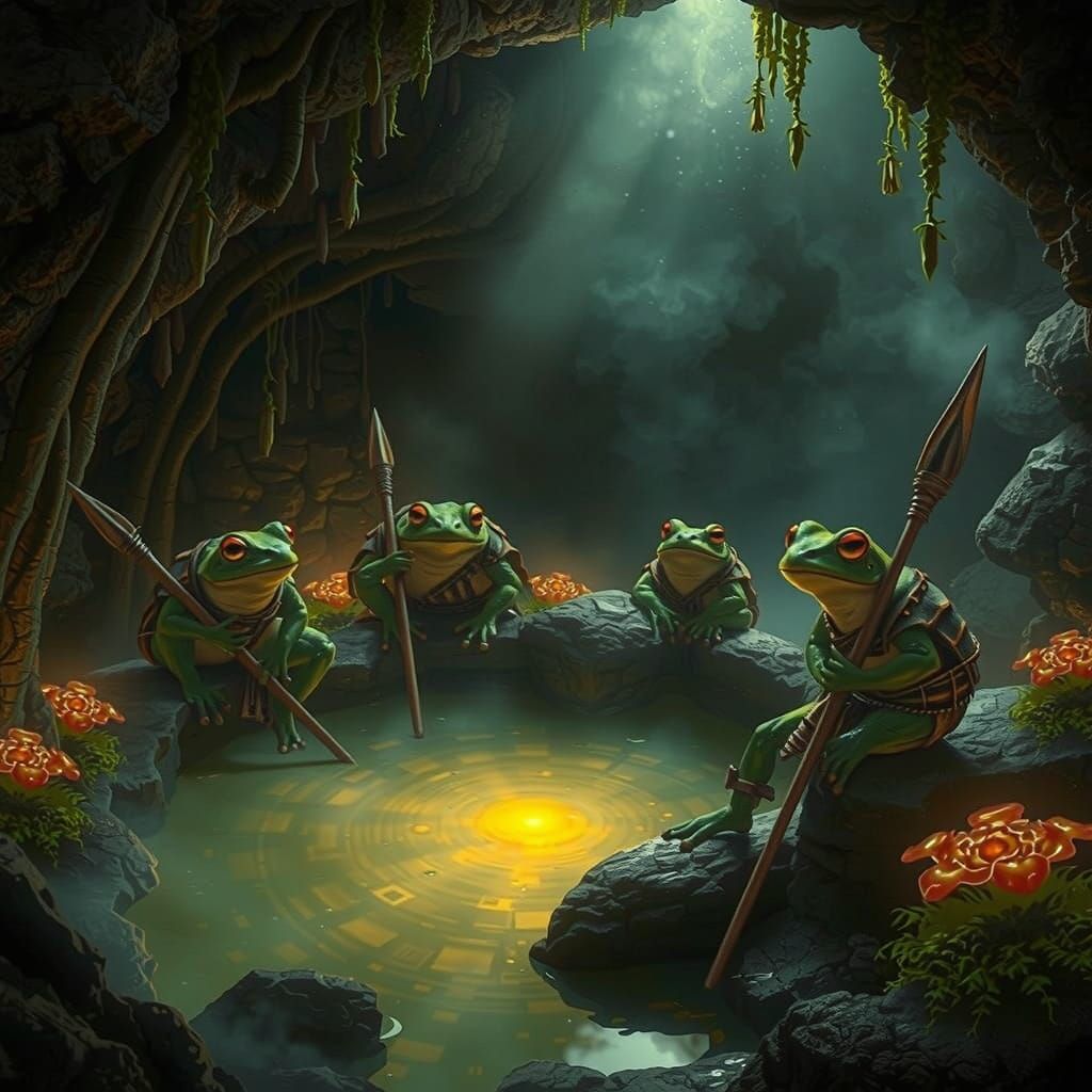 Frog Warriors Guarding Mystical Cave in Storybook Style