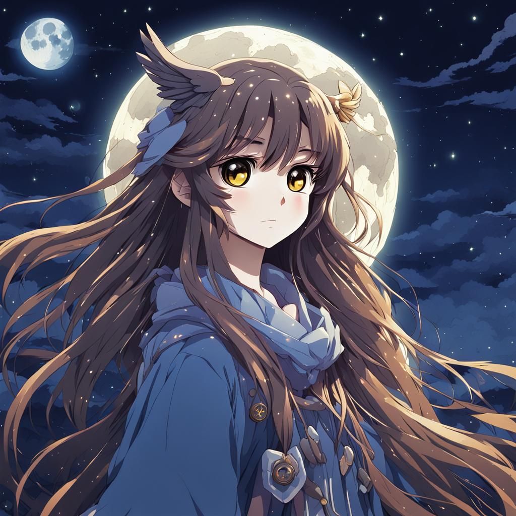 Owl-Girl Soaring Through Moonlit Sky: Anime Style