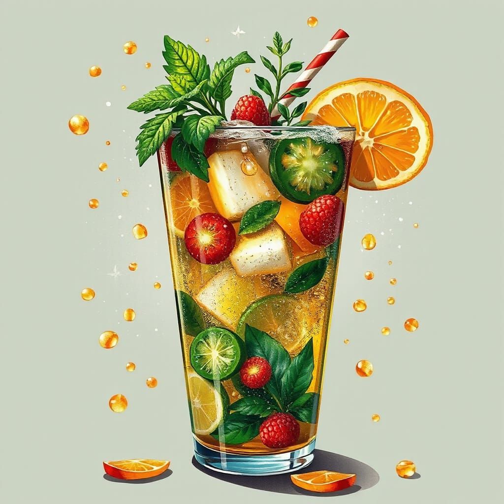 Whimsical Sparkling Drink Illustration in Dreamy Art Style