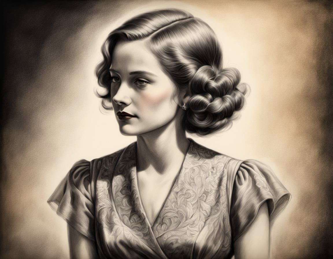 Elegant Woman in 1930s Style Charcoal Drawing