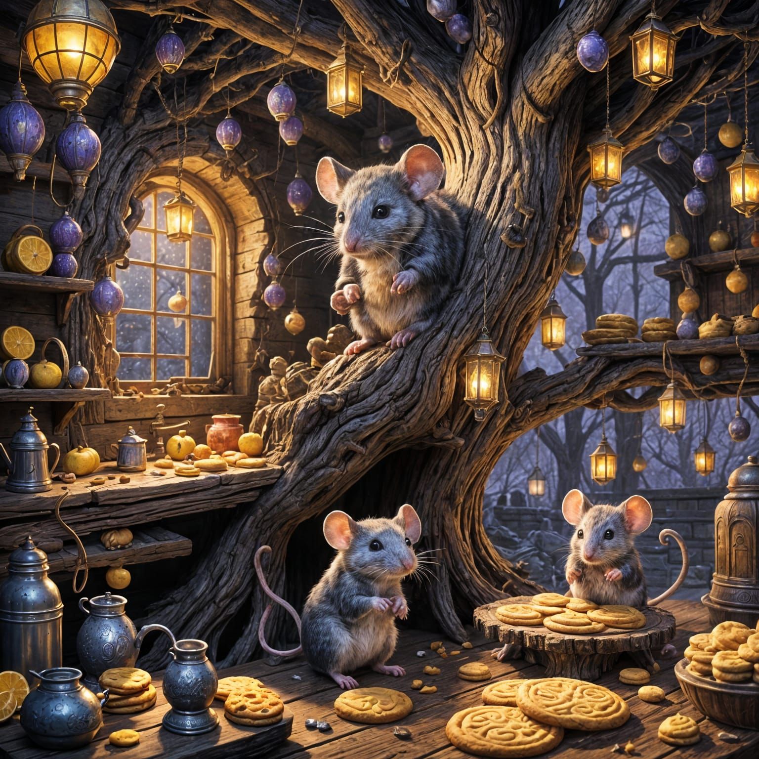 Mouse in Tree Kitchen: Dark Fantasy Concept Art