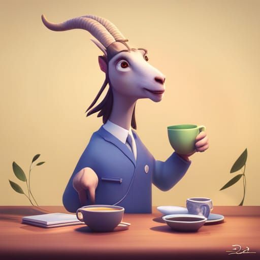 Business Goat Enjoying Tea: Pixar-style 3D Art