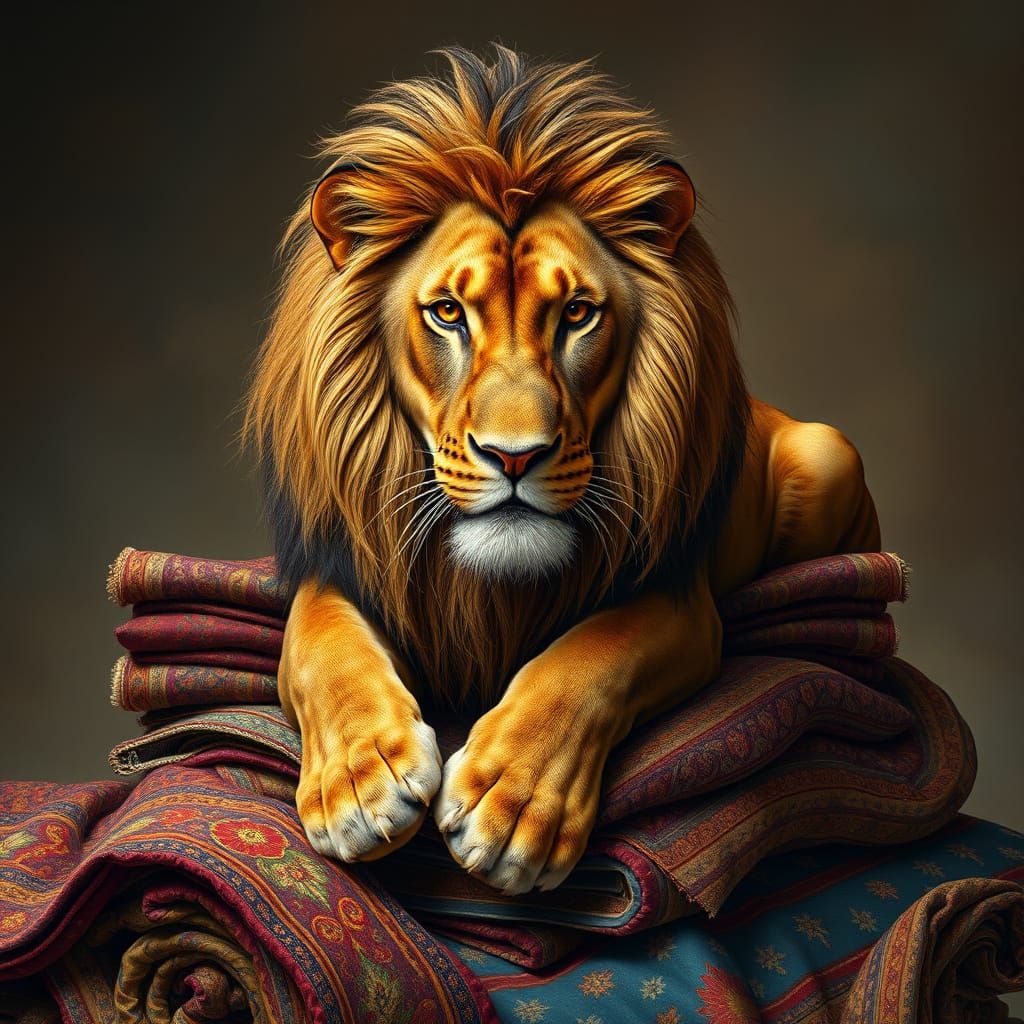 Lion with Persian Carpet Fur in Persian Miniature Style