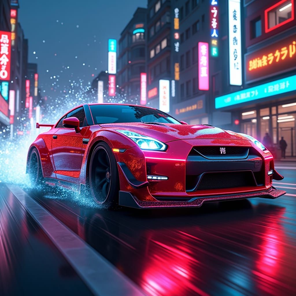 Red GTR in Neon Cyberpunk Cityscape