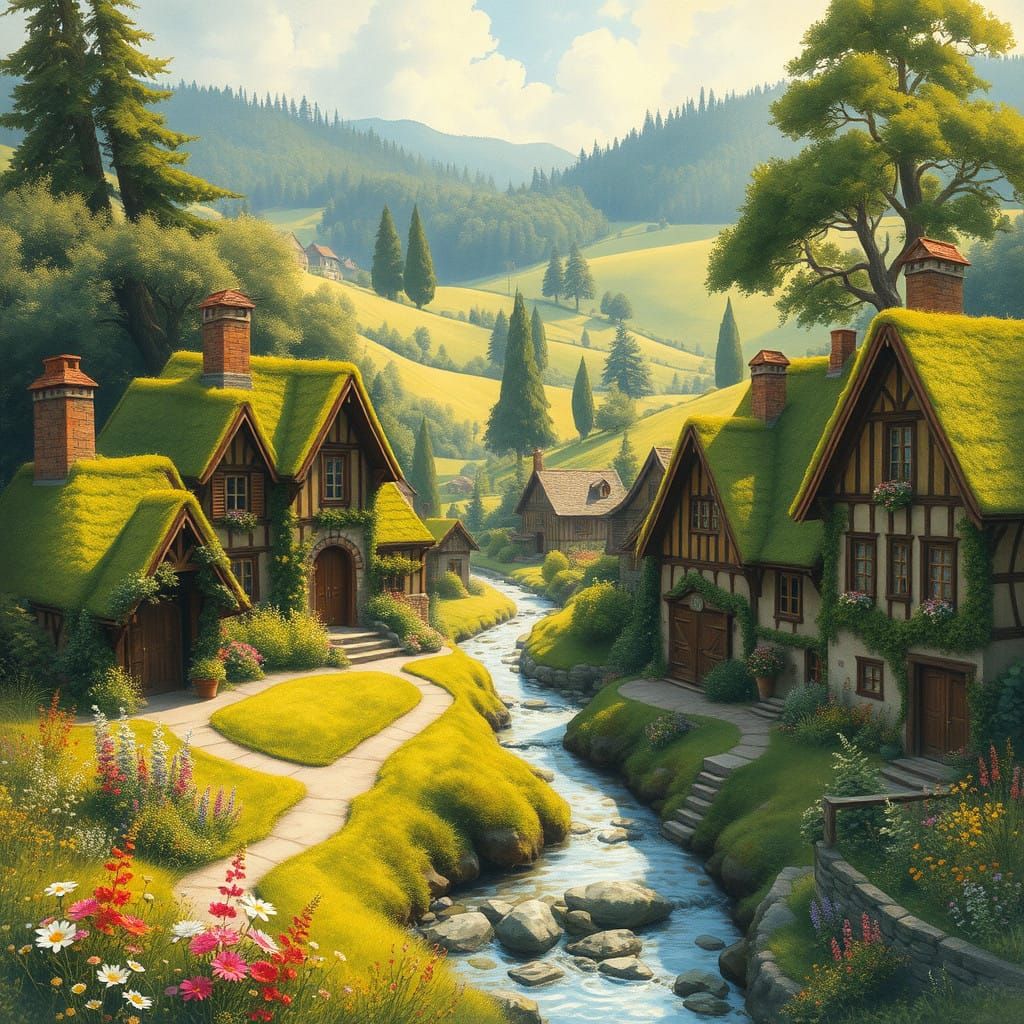 Peaceful Village Landscape with Rustic Farmhouses and Nature