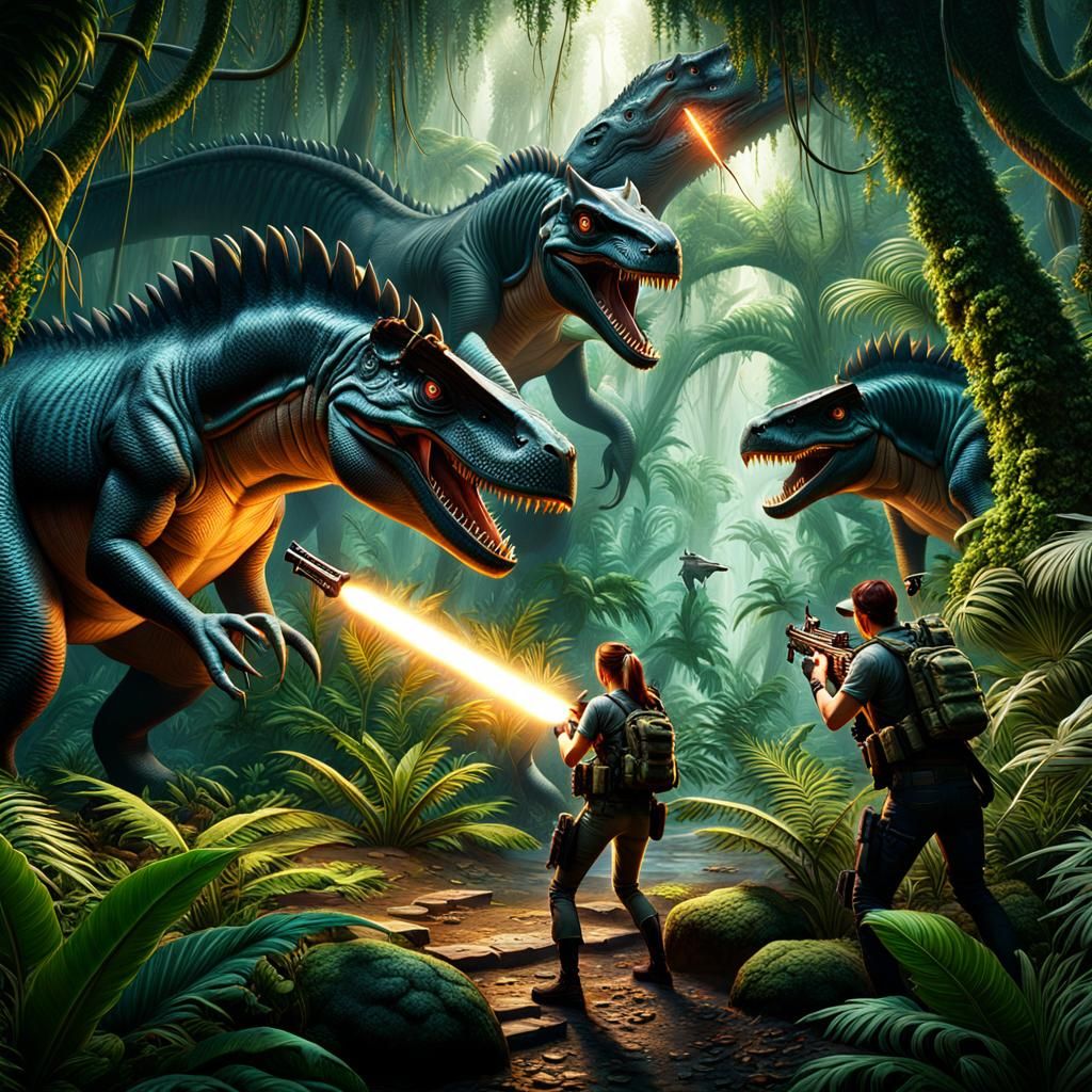 Humans vs Dinosaurs in Jungle Battle