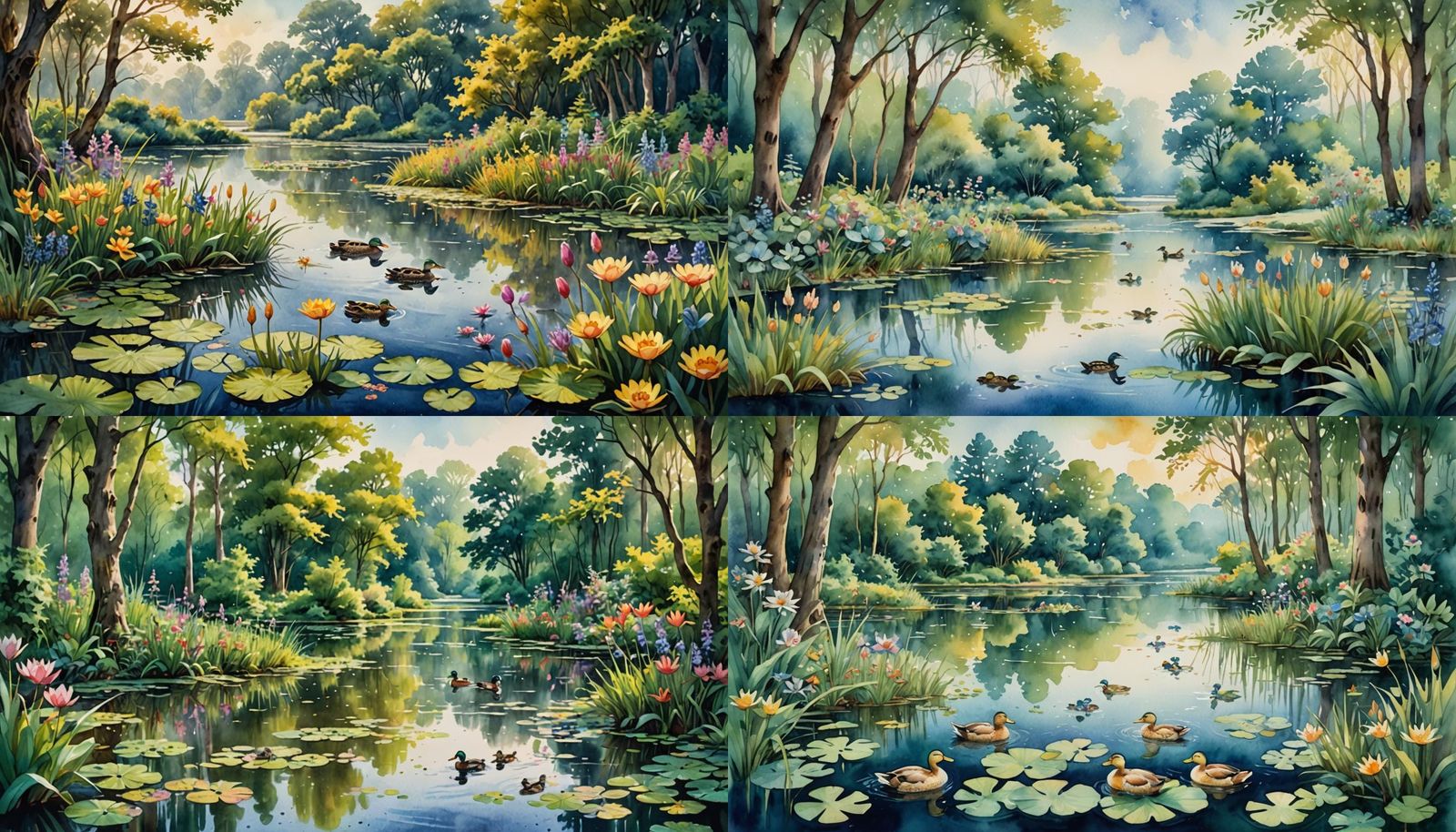 Watercolor Pond with Ducks and Frogs