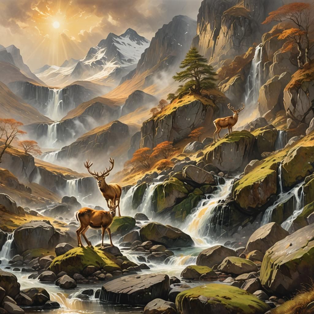 Scottish Deer in Mountain Landscape Painting