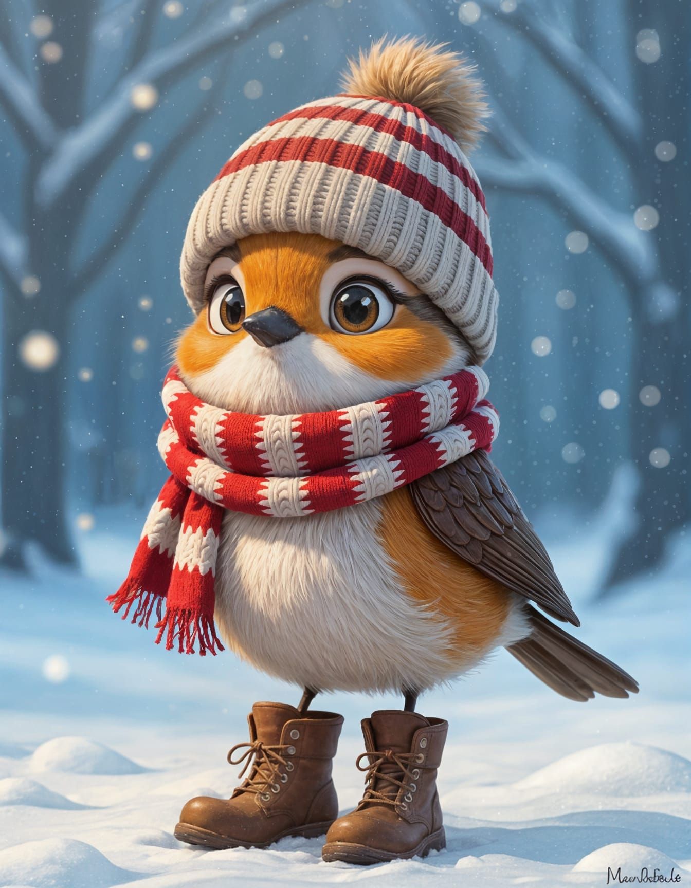 Charming Anthropomorphic Robin in Winter Clothes