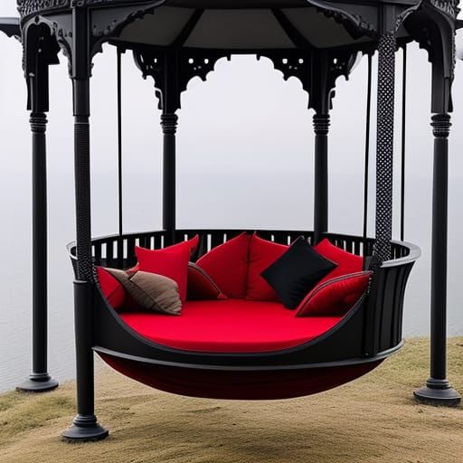 Crimson red and black Gothic Round Swing Bed with Pergola Roof and Planters& gothic vibes& ethereal vibes& magical vibes...