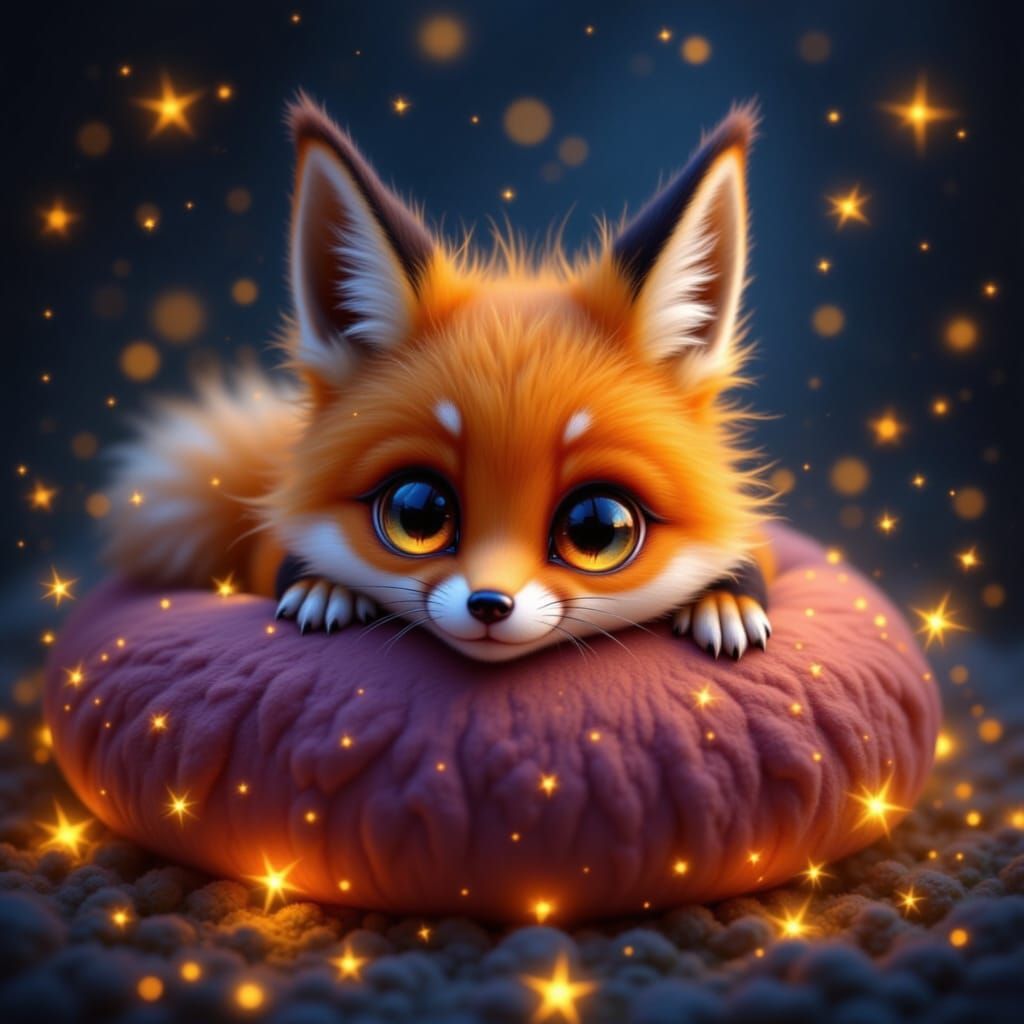 Expressive Baby Fox on Velvet Pillow
