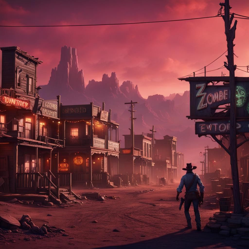 Zombie Cowboy in a Neon Wild West Town