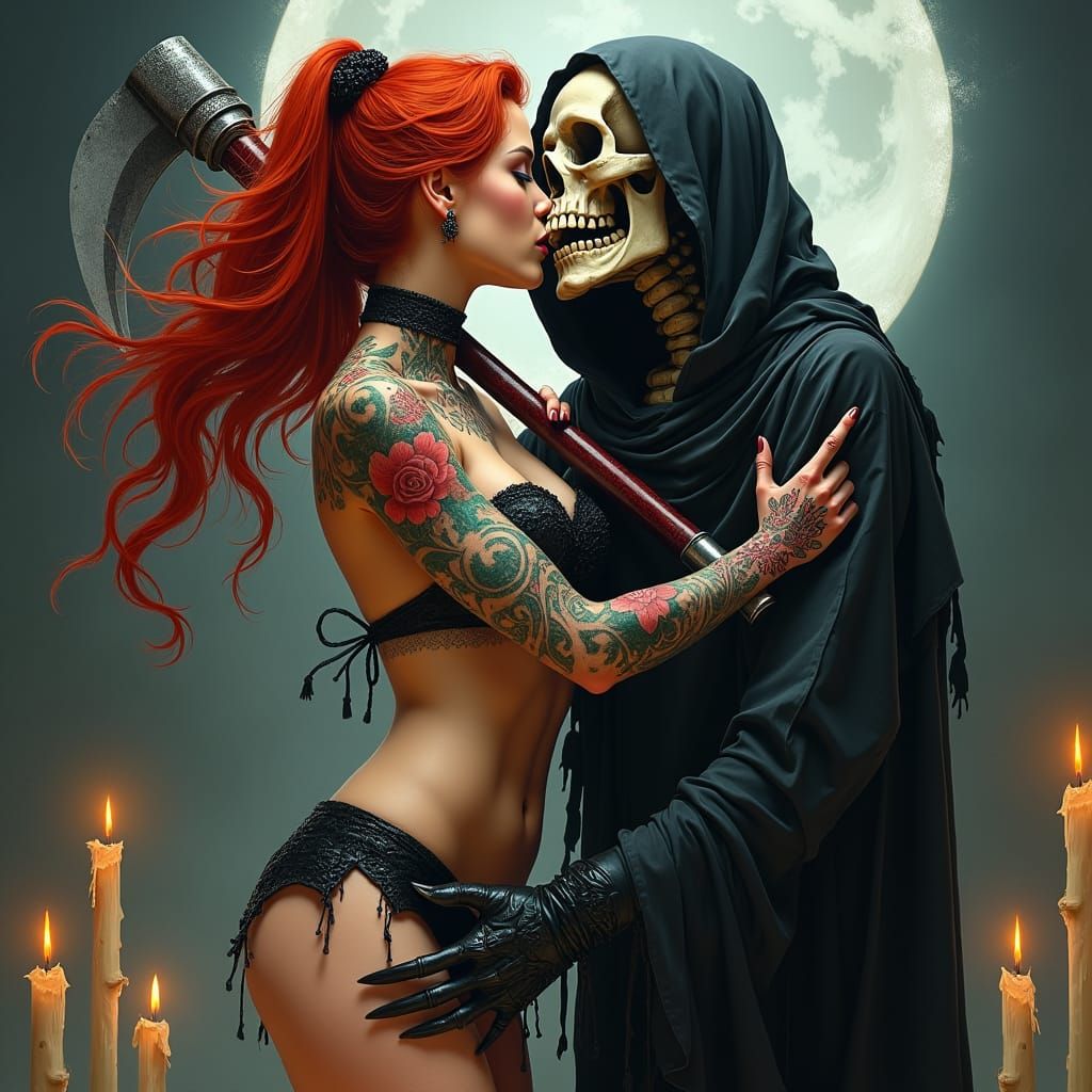 Redhead Dancer's Kiss with Smiling Grim Reaper