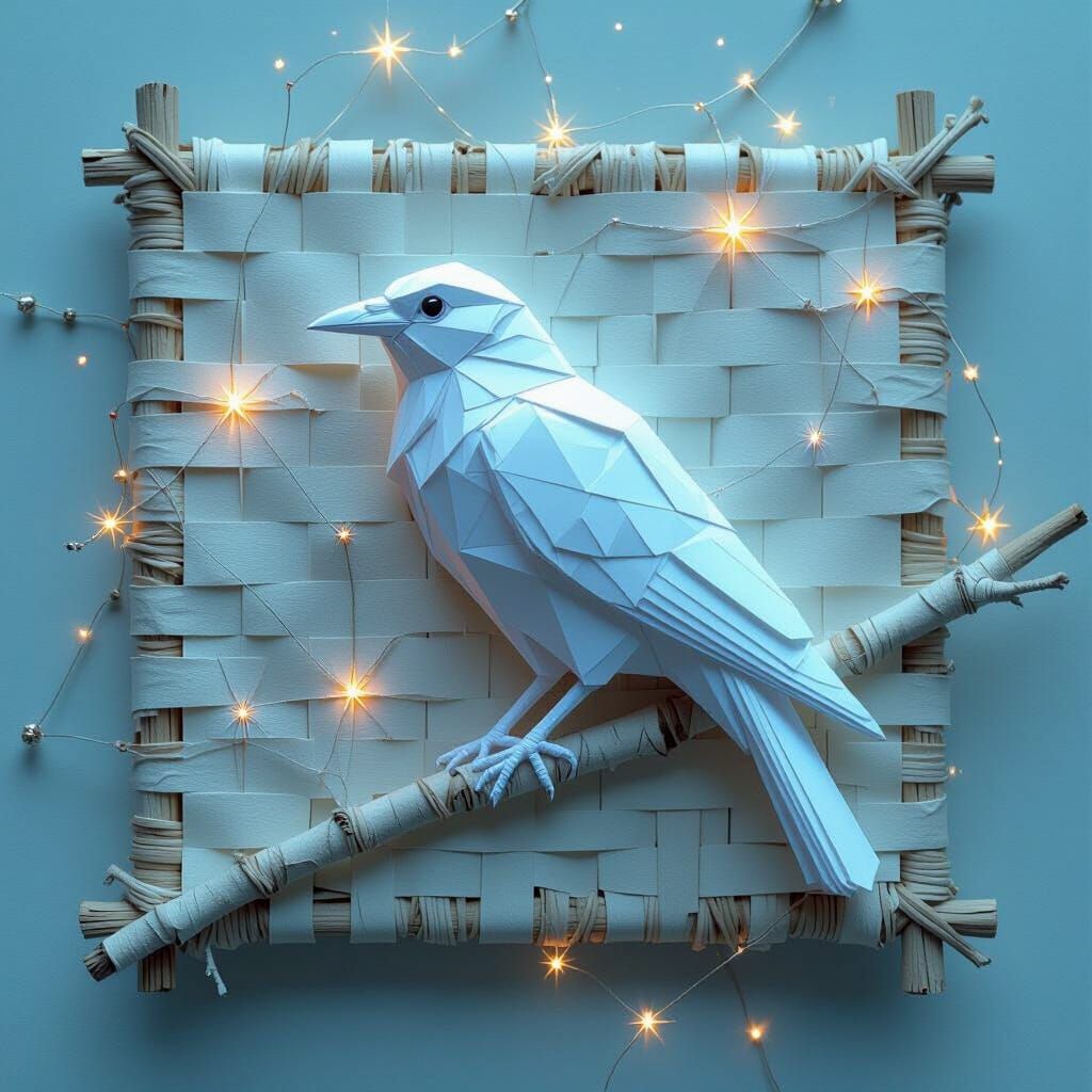 Origami Crow Perched on Birchbark with Starlight