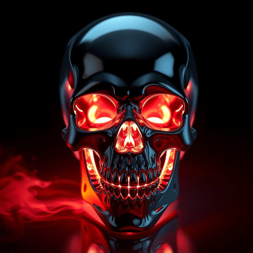 Black Chrome Skull with Inner Glow: 3D Anime Art