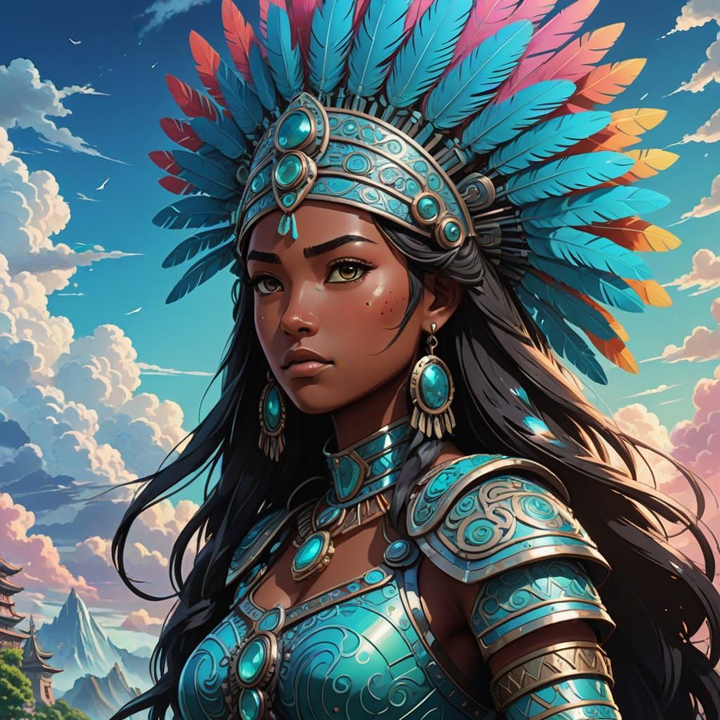 Majestic Aztec Princess in Anime-Inspired Regalia