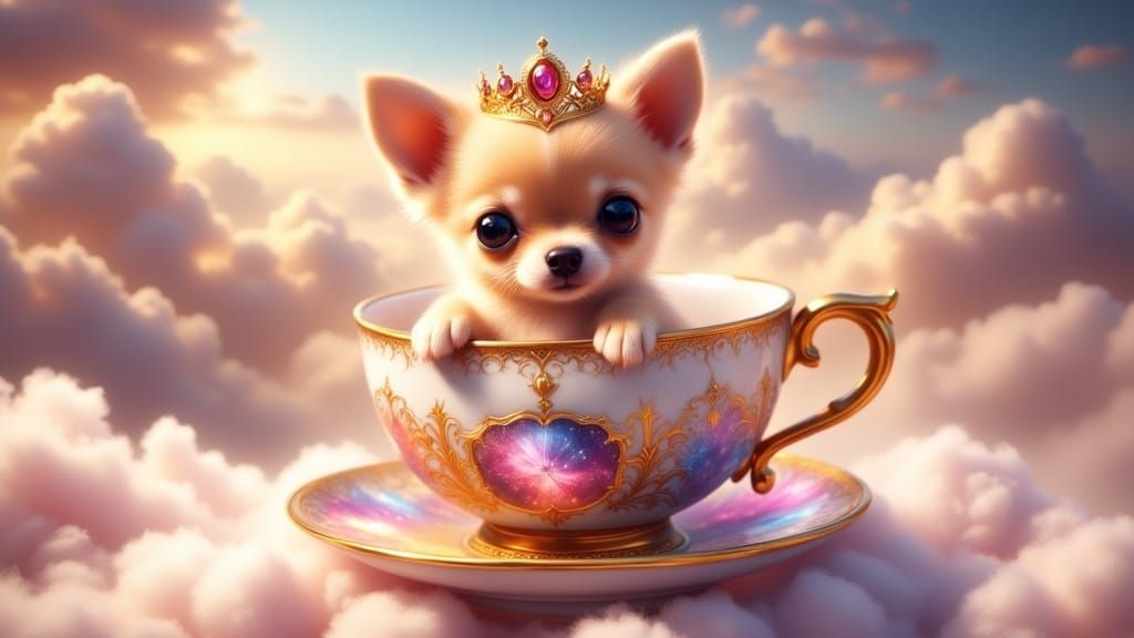 Golden Chihuahua Puppy in Teacup Galaxy, Digital Art
