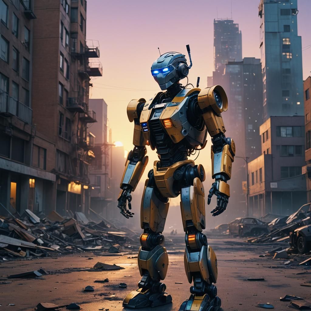 Robot in Desolate City: Cinematic Film Still