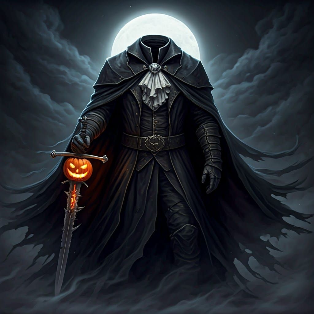 Headless Horseman with Jack-o'-Lantern Sword in Gothic Style