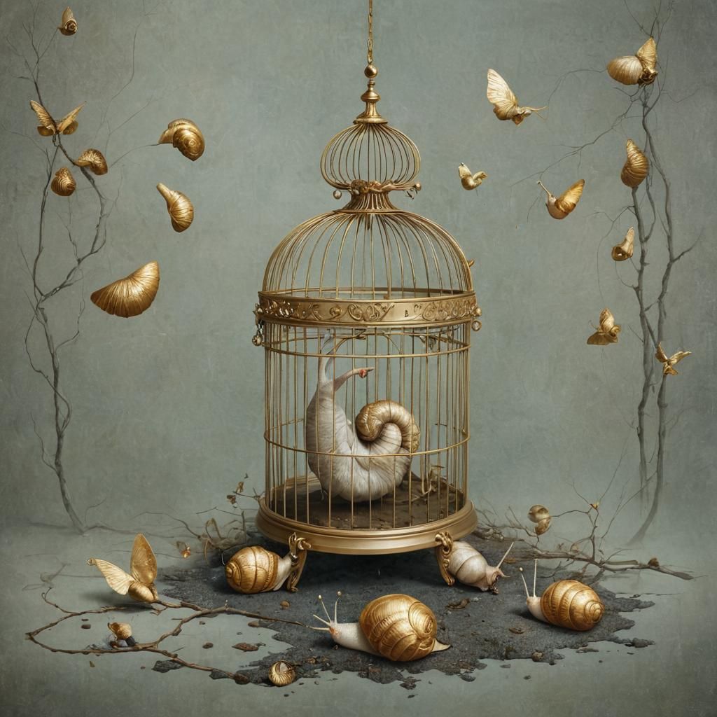 Surreal Birdcage with Golden Snails: Fantasy Art