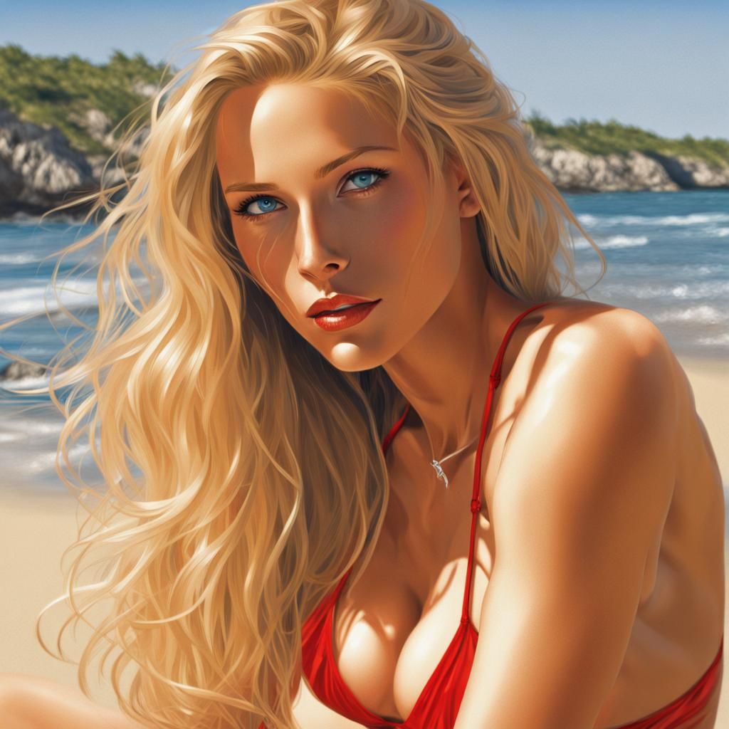 Woman in Red Bikini on Sunny Beach