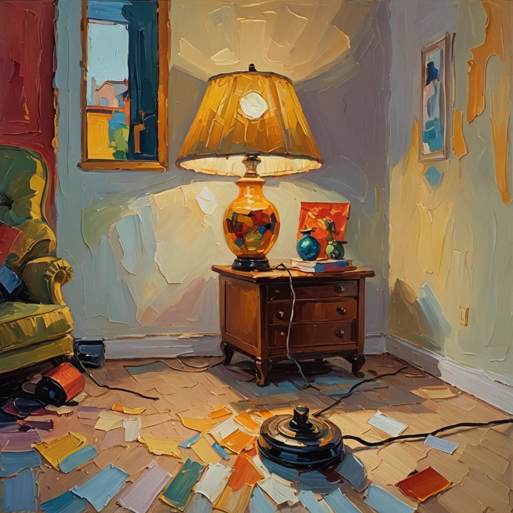 Lamp Crawling in Living Room: Expressionist Oil Painting