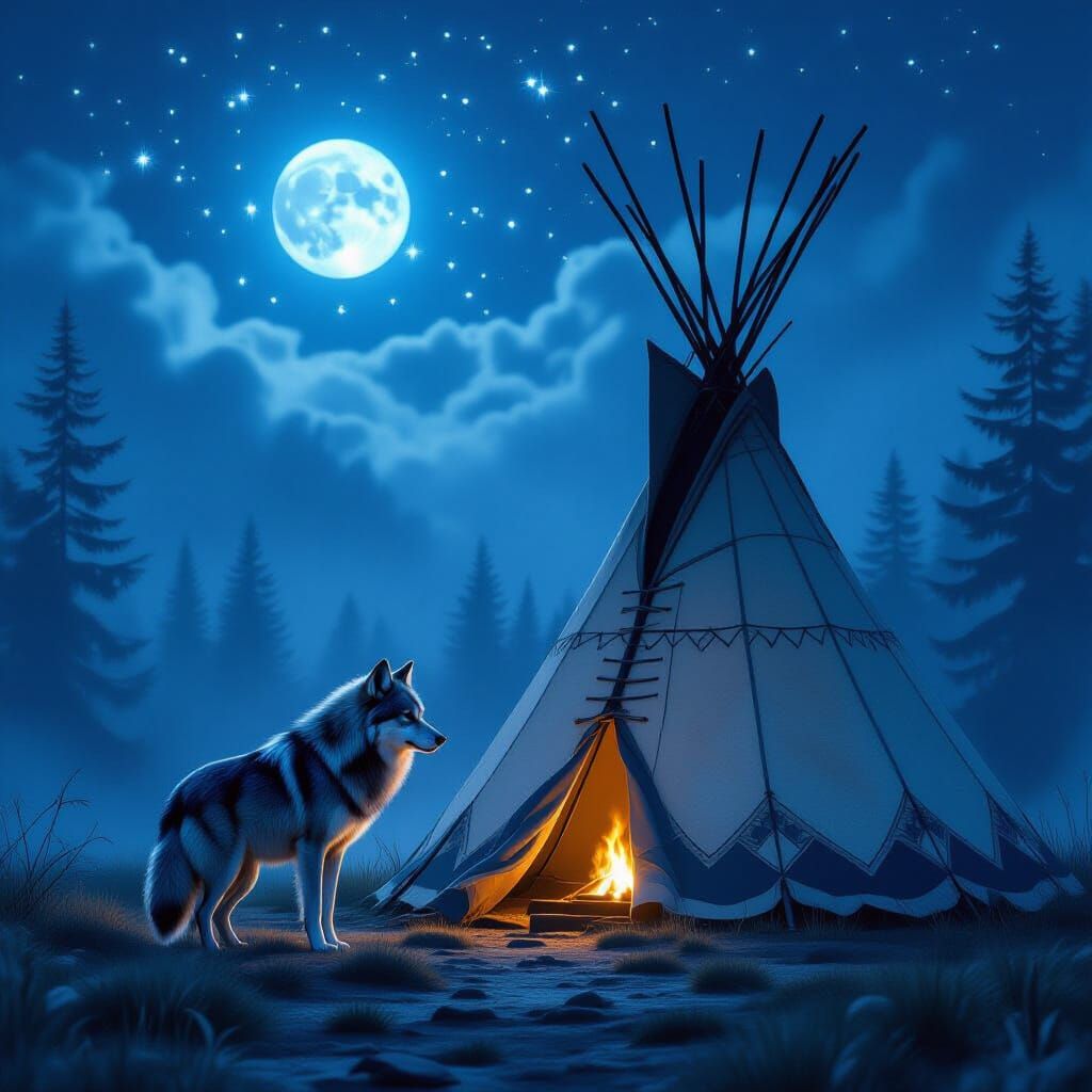 Lone Wolf by Moonlight Near Teepee