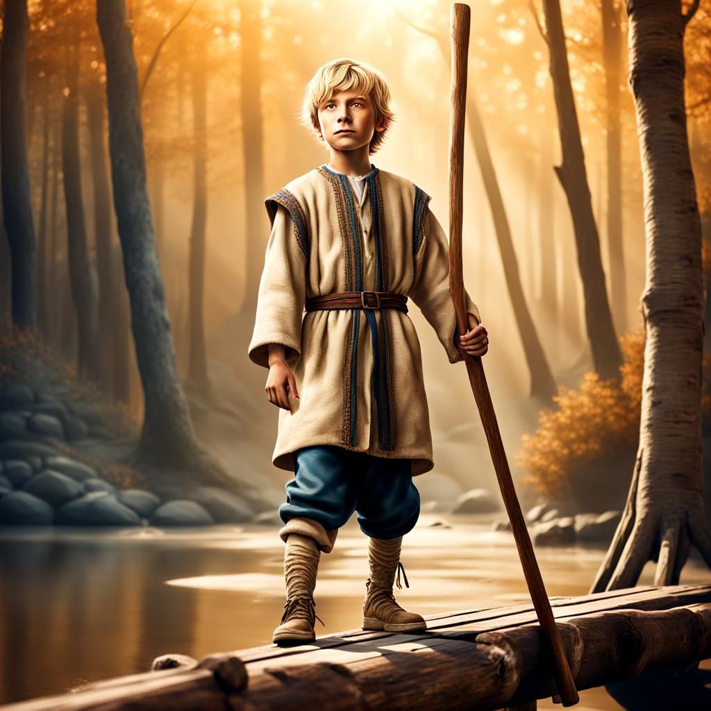 Boy in Shepherd Costume on Stilts: Hyperrealistic Art