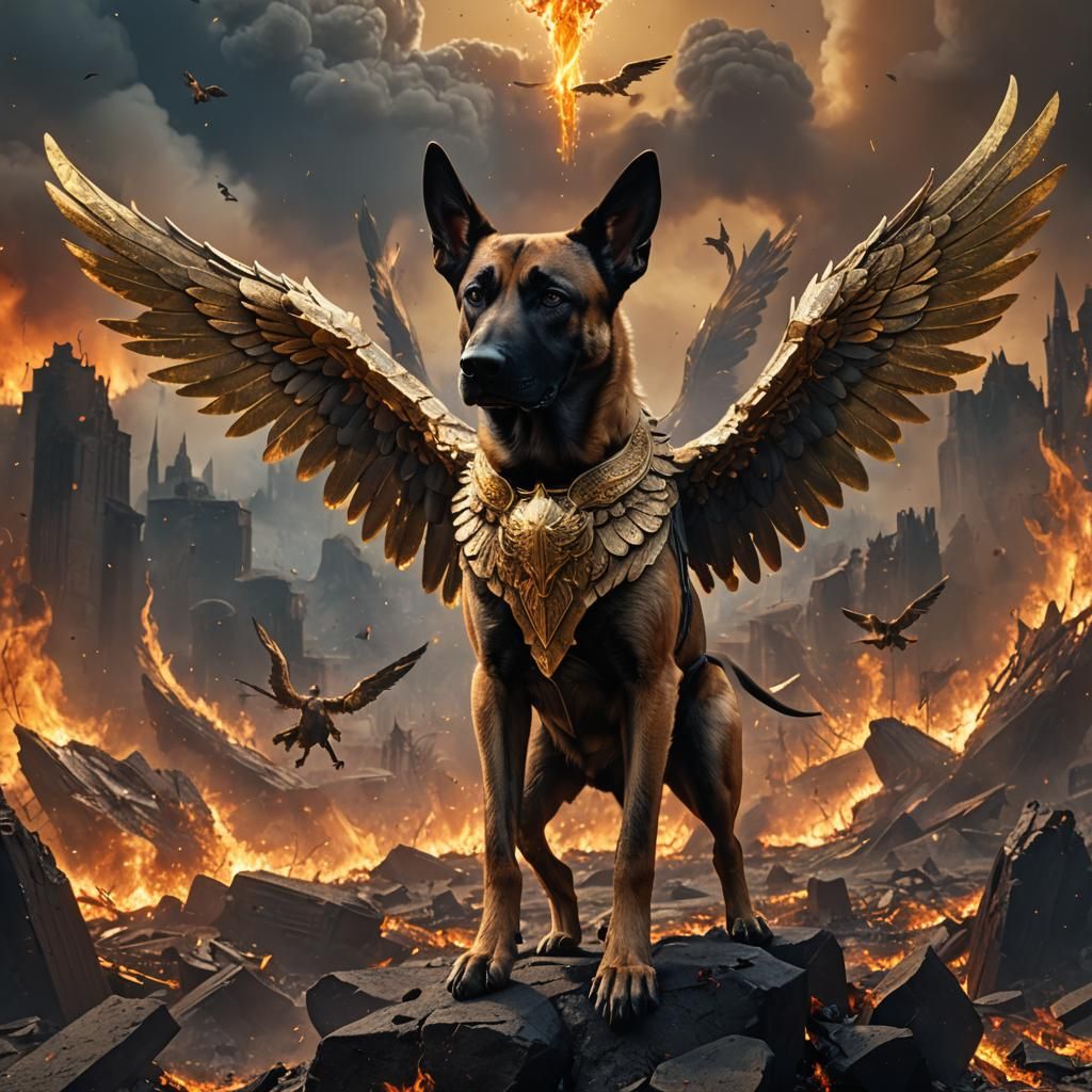 Malinois with Angel Wings Before Burning Earth