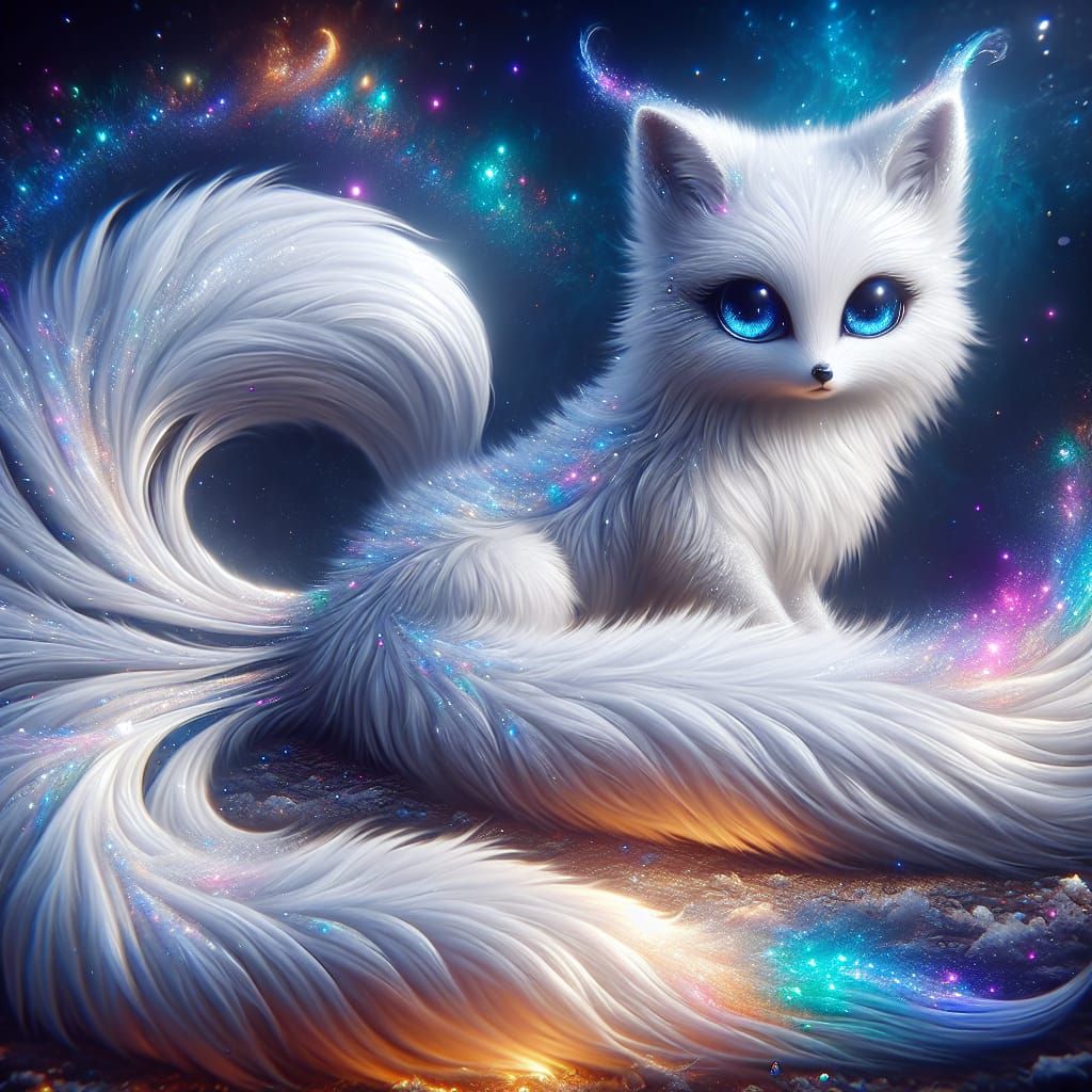 Fantasy White Fox with Rainbow Tail Digital Painting