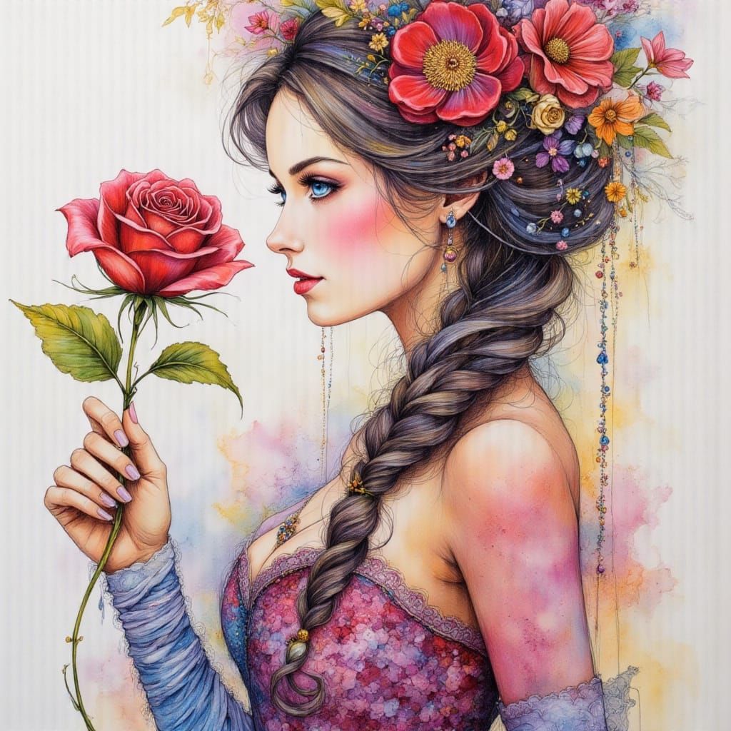 Belle with Rose: Intricate Pen and Ink Masterpiece