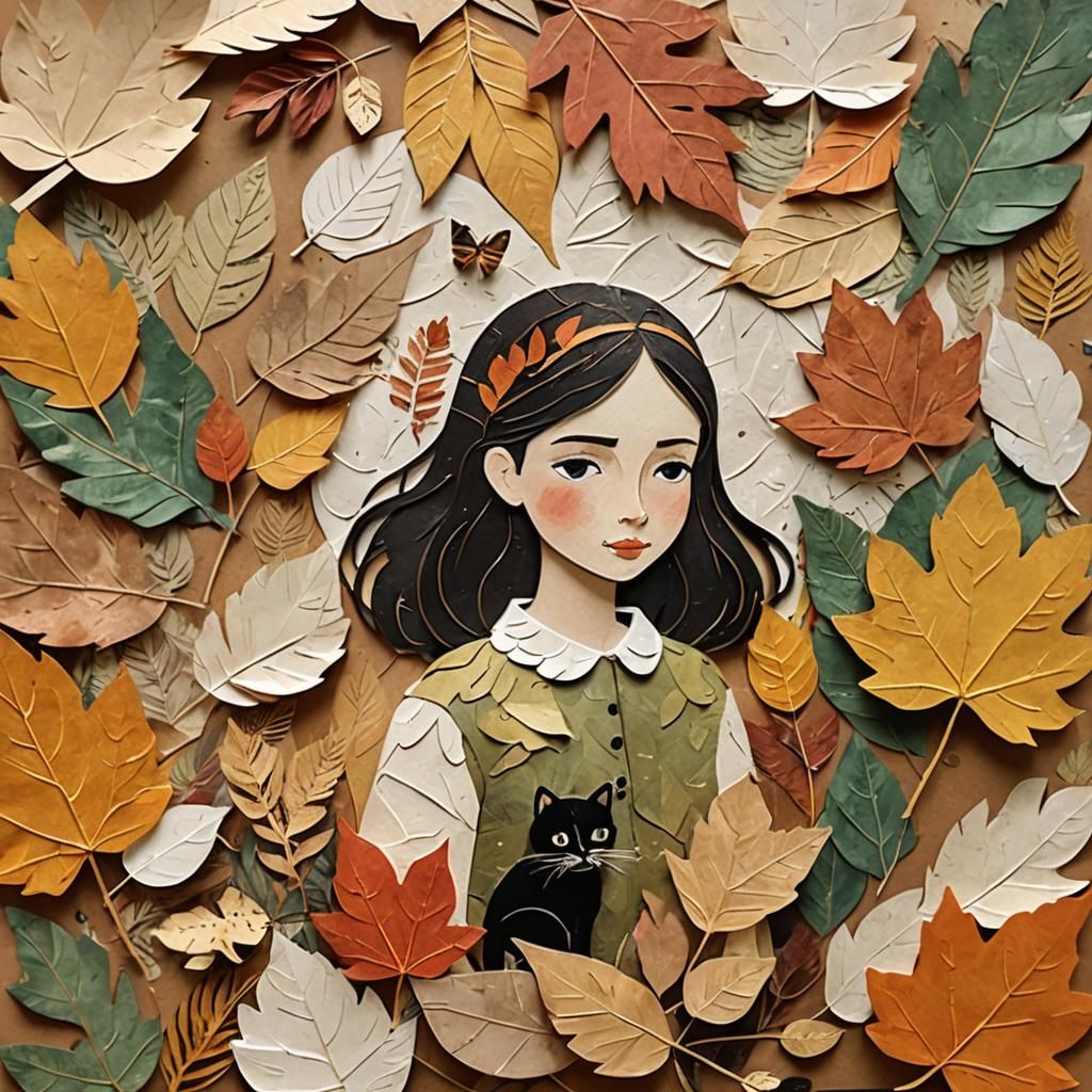 Autumn Girl and Cat in Whimsical Paper Collage
