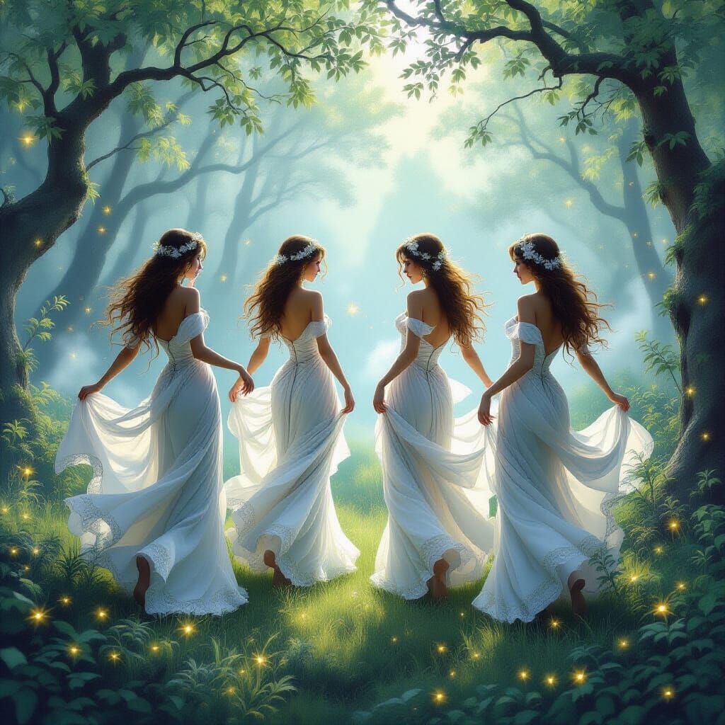 Nymphs Dancing in Misty Forest, Ethereal Fantasy Art