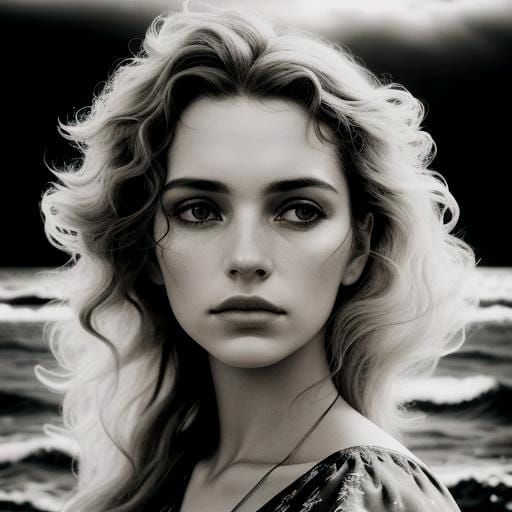 Vintage Black and White Portrait of Woman by Ocean