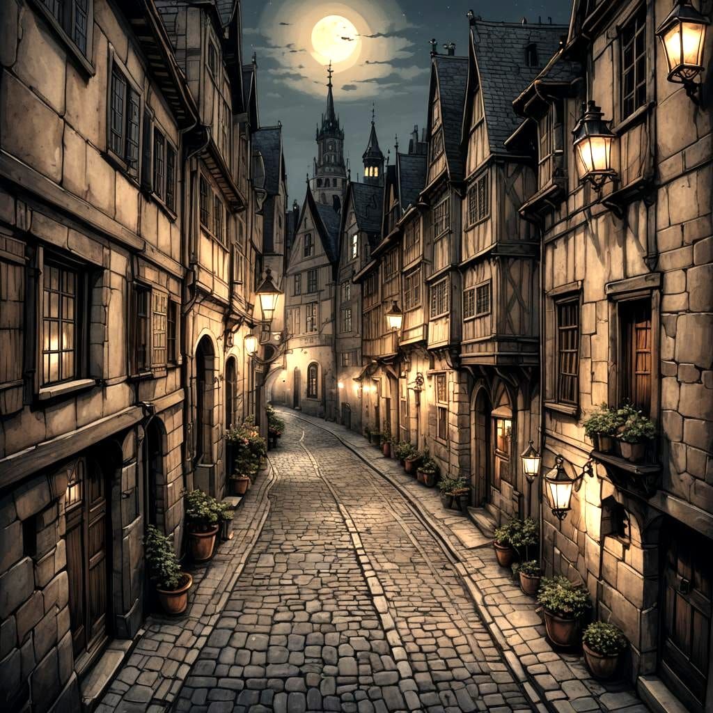 Whimsical European-Style Urban Scene in Moody Tones